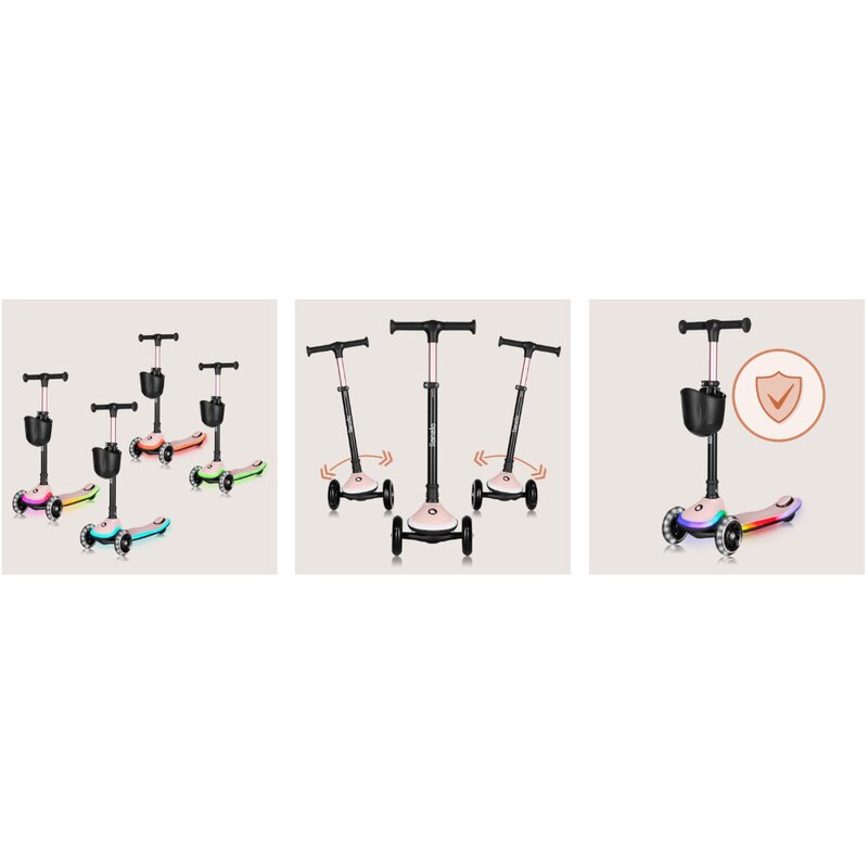 Trotineta pentru copii, Lionelo, Mey, Ultrapliabila, Cu lumini si cosulet, Maner ajustabil pe inaltime, 3 ani+, Pana la 50 Kg, Ultra usor, 2.8 kg, Conform cu standardul EN71-1/2/3, Certificata Intertek, Roz