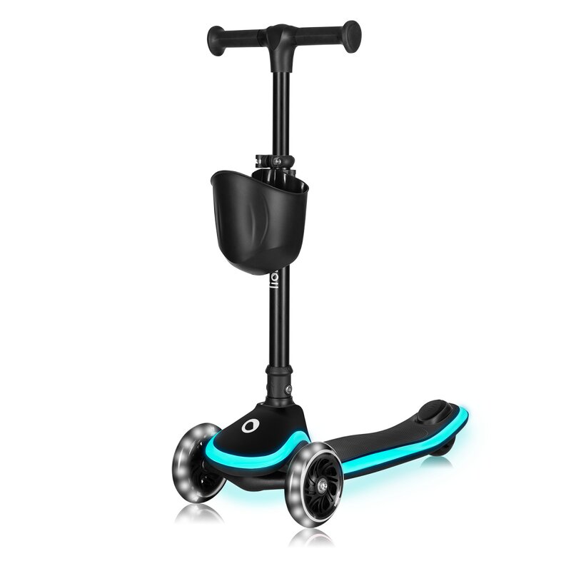 Trotineta pentru copii, Lionelo, Mey, Ultrapliabila, Cu lumini si cosulet, Maner ajustabil pe inaltime, 3 ani+, Pana la 50 Kg, Ultra usor, 2.8 kg, Conform cu standardul EN71-1/2/3, Certificata Intertek, Negru