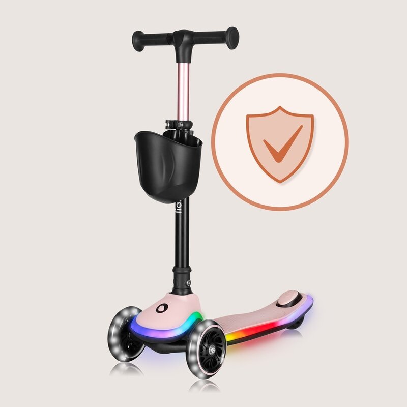 Trotineta pentru copii, Lionelo, Mey, Ultrapliabila, Cu lumini si cosulet, Maner ajustabil pe inaltime, 3 ani+, Pana la 50 Kg, Ultra usor, 2.8 kg, Conform cu standardul EN71-1/2/3, Certificata Intertek, Roz