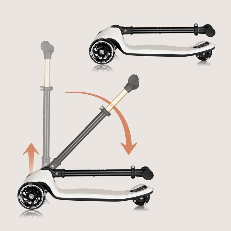 Trotineta pentru copii, Lionelo, Mey, Ultrapliabila, Cu lumini si cosulet, Maner ajustabil pe inaltime, 3 ani+, Pana la 50 Kg, Ultra usor, 2.8 kg, Conform cu standardul EN71-1/2/3, Certificata Intertek, Bej