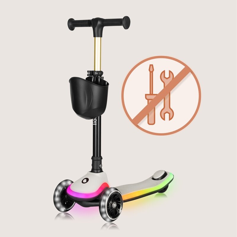 Trotineta pentru copii, Lionelo, Mey, Ultrapliabila, Cu lumini si cosulet, Maner ajustabil pe inaltime, 3 ani+, Pana la 50 Kg, Ultra usor, 2.8 kg, Conform cu standardul EN71-1/2/3, Certificata Intertek, Bej