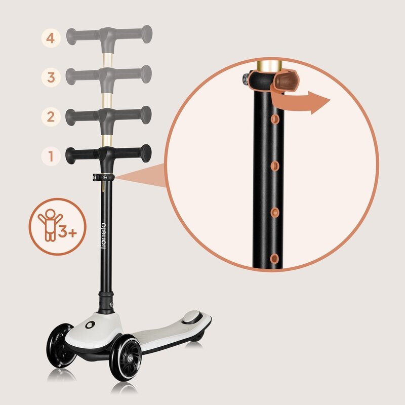 Trotineta pentru copii, Lionelo, Mey, Ultrapliabila, Cu lumini si cosulet, Maner ajustabil pe inaltime, 3 ani+, Pana la 50 Kg, Ultra usor, 2.8 kg, Conform cu standardul EN71-1/2/3, Certificata Intertek, Bej