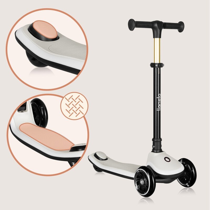 Trotineta pentru copii, Lionelo, Mey, Ultrapliabila, Cu lumini si cosulet, Maner ajustabil pe inaltime, 3 ani+, Pana la 50 Kg, Ultra usor, 2.8 kg, Conform cu standardul EN71-1/2/3, Certificata Intertek, Bej