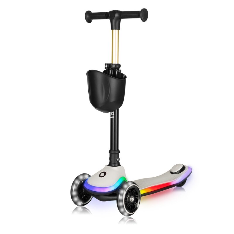 Trotineta pentru copii, Lionelo, Mey, Ultrapliabila, Cu lumini si cosulet, Maner ajustabil pe inaltime, 3 ani+, Pana la 50 Kg, Ultra usor, 2.8 kg, Conform cu standardul EN71-1/2/3, Certificata Intertek, Bej
