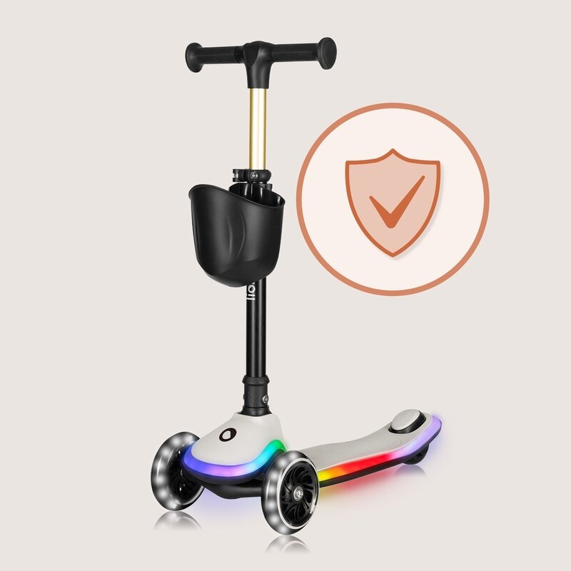 Trotineta pentru copii, Lionelo, Mey, Ultrapliabila, Cu lumini si cosulet, Maner ajustabil pe inaltime, 3 ani+, Pana la 50 Kg, Ultra usor, 2.8 kg, Conform cu standardul EN71-1/2/3, Certificata Intertek, Bej