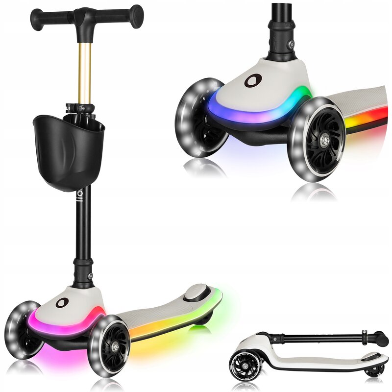 Trotineta pentru copii, Lionelo, Mey, Ultrapliabila, Cu lumini si cosulet, Maner ajustabil pe inaltime, 3 ani+, Pana la 50 Kg, Ultra usor, 2.8 kg, Conform cu standardul EN71-1/2/3, Certificata Intertek, Bej