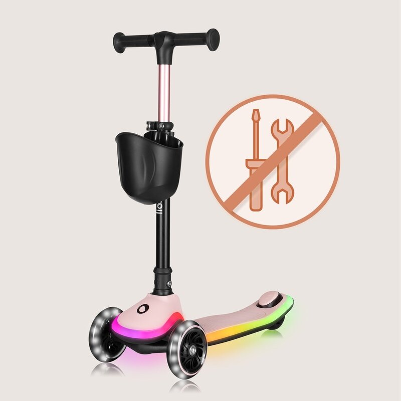 Trotineta pentru copii, Lionelo, Mey, Ultrapliabila, Cu lumini si cosulet, Maner ajustabil pe inaltime, 3 ani+, Pana la 50 Kg, Ultra usor, 2.8 kg, Conform cu standardul EN71-1/2/3, Certificata Intertek, Roz