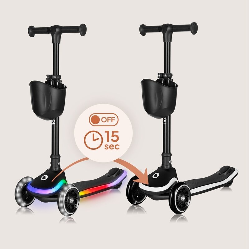 Trotineta pentru copii, Lionelo, Mey, Ultrapliabila, Cu lumini si cosulet, Maner ajustabil pe inaltime, 3 ani+, Pana la 50 Kg, Ultra usor, 2.8 kg, Conform cu standardul EN71-1/2/3, Certificata Intertek, Negru