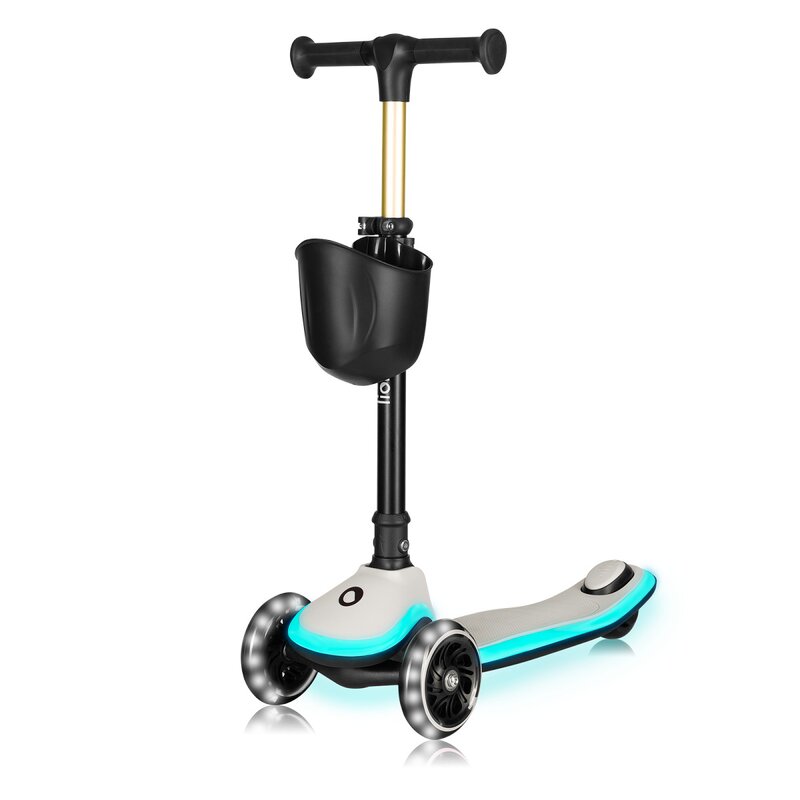 Trotineta pentru copii, Lionelo, Mey, Ultrapliabila, Cu lumini si cosulet, Maner ajustabil pe inaltime, 3 ani+, Pana la 50 Kg, Ultra usor, 2.8 kg, Conform cu standardul EN71-1/2/3, Certificata Intertek, Bej