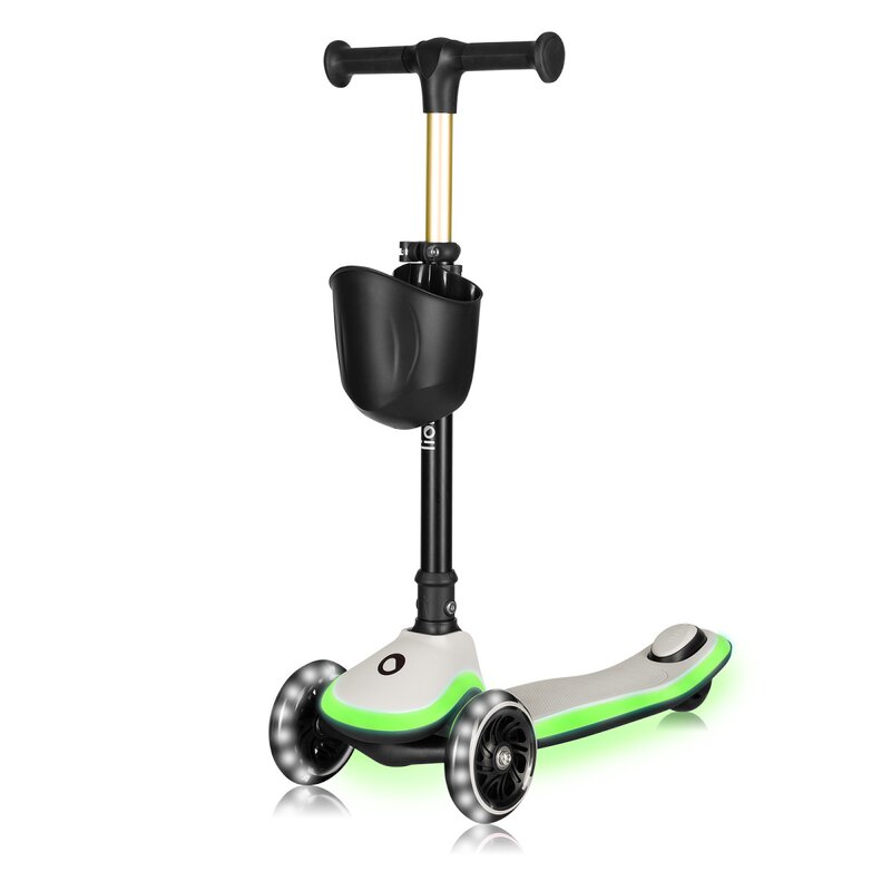 Trotineta pentru copii, Lionelo, Mey, Ultrapliabila, Cu lumini si cosulet, Maner ajustabil pe inaltime, 3 ani+, Pana la 50 Kg, Ultra usor, 2.8 kg, Conform cu standardul EN71-1/2/3, Certificata Intertek, Bej