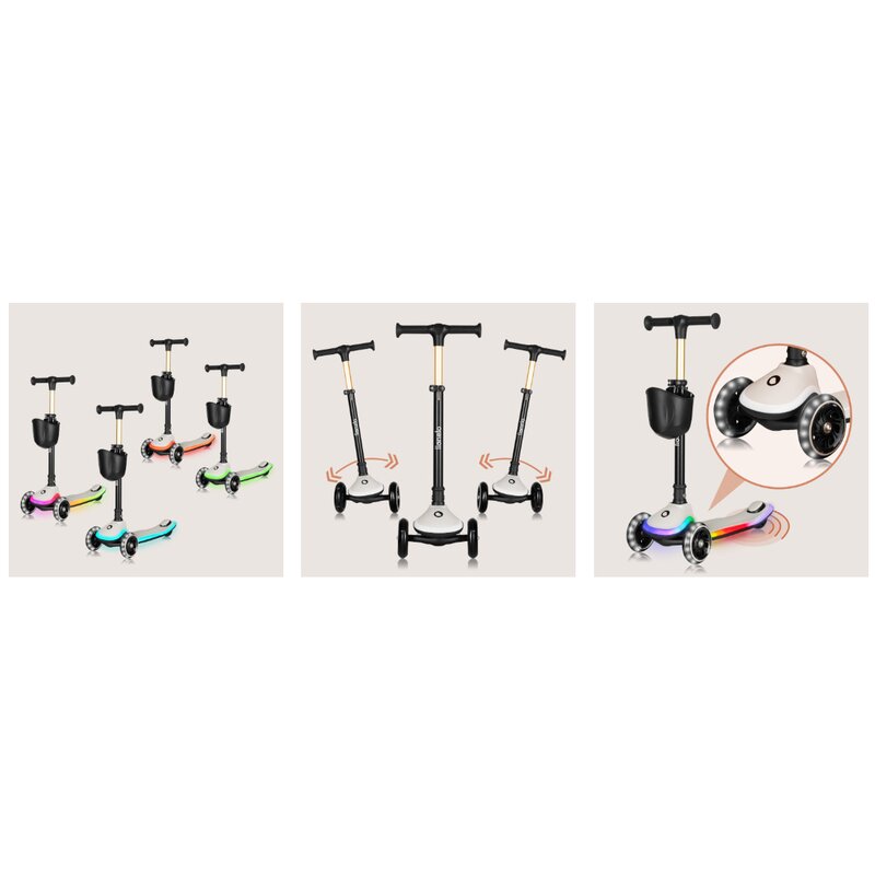 Trotineta pentru copii, Lionelo, Mey, Ultrapliabila, Cu lumini si cosulet, Maner ajustabil pe inaltime, 3 ani+, Pana la 50 Kg, Ultra usor, 2.8 kg, Conform cu standardul EN71-1/2/3, Certificata Intertek, Bej