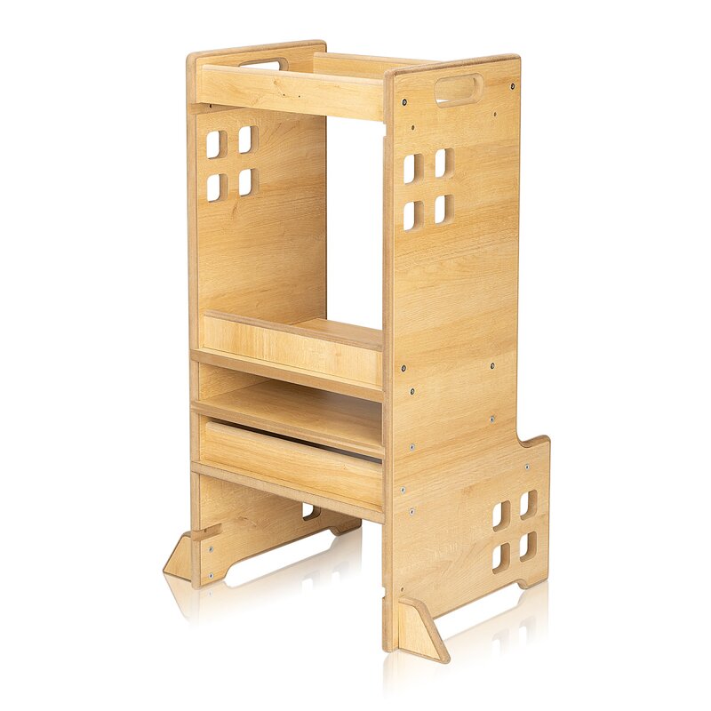 Turn de invatare Montessori, Lionelo, Cass, Functie de raft pentru carti, Pana la 30 kg, 12 luni - 6 ani, Din MDF si furnir, 3 trepte de inaltime, Natur - gogobaby.ro
