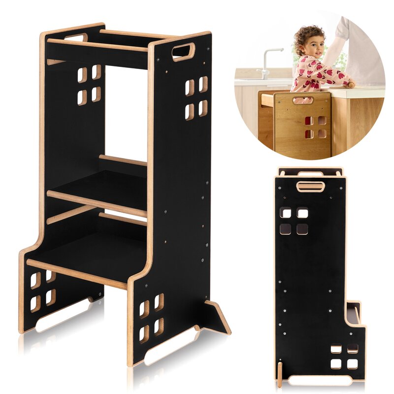 Turn de invatare Montessori, Lionelo, Cass, Functie de raft pentru carti, Pana la 30 kg, 12 luni - 6 ani, Din MDF si furnir, 3 trepte de inaltime, Negru - gogobaby.ro