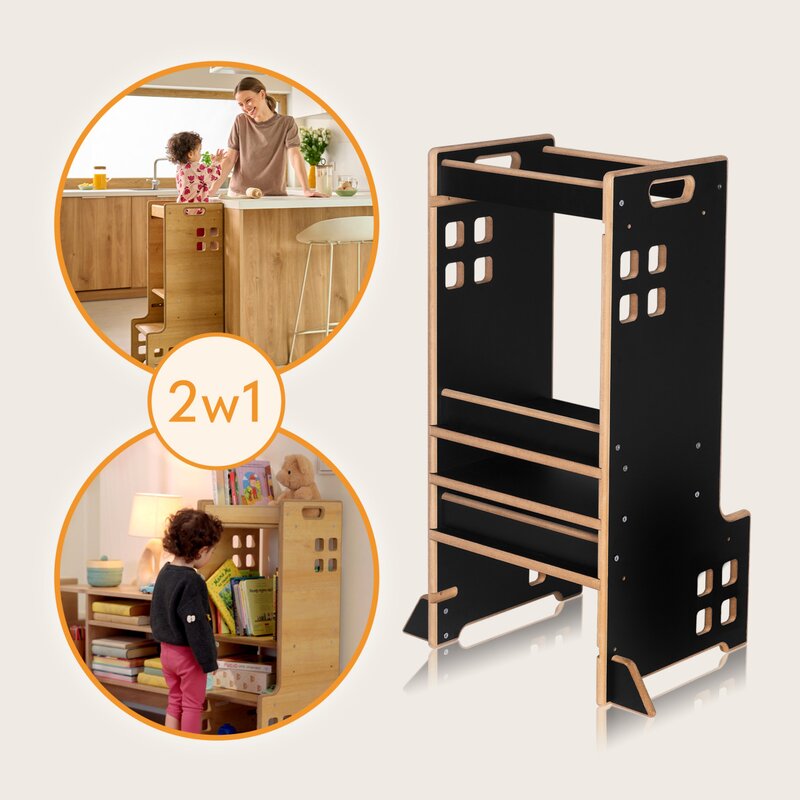 Turn de invatare Montessori, Lionelo, Cass, Functie de raft pentru carti, Pana la 30 kg, 12 luni - 6 ani, Din MDF si furnir, 3 trepte de inaltime, Negru - gogobaby.ro