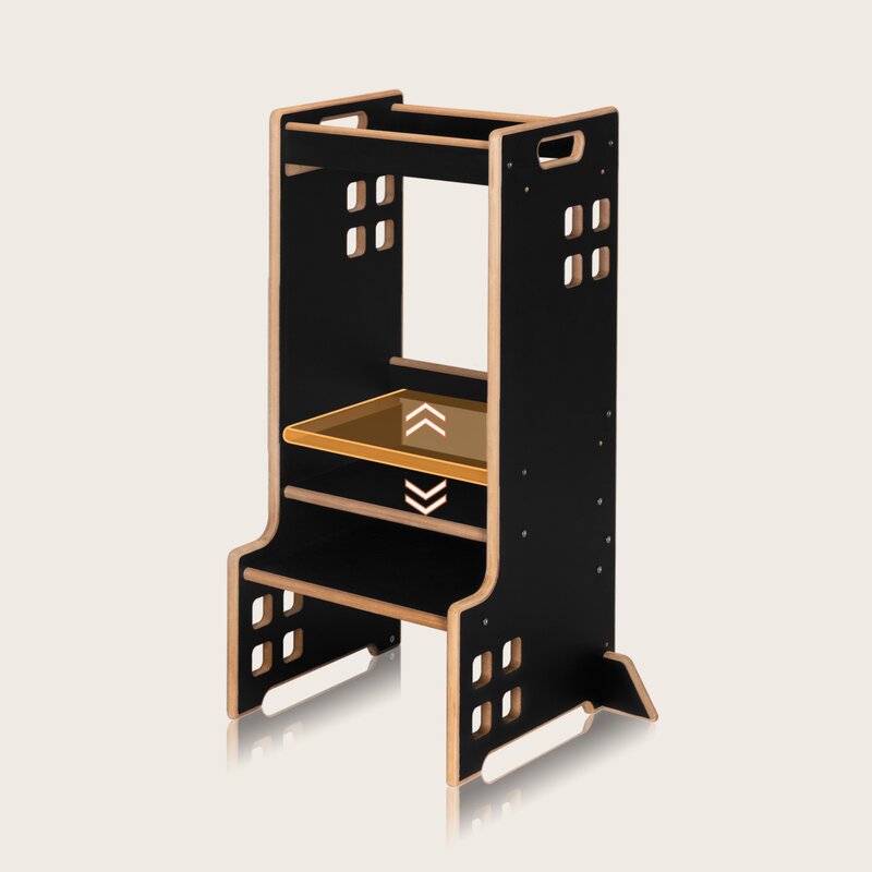 Turn de invatare Montessori, Lionelo, Cass, Functie de raft pentru carti, Pana la 30 kg, 12 luni - 6 ani, Din MDF si furnir, 3 trepte de inaltime, Negru - gogobaby.ro