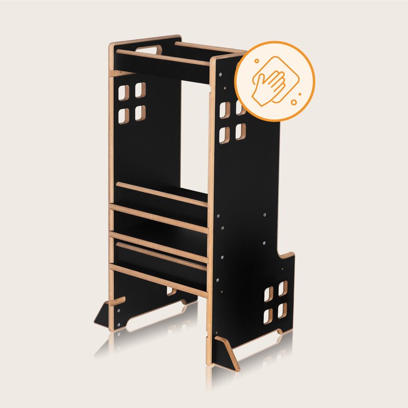 Turn de invatare Montessori, Lionelo, Cass, Functie de raft pentru carti, Pana la 30 kg, 12 luni - 6 ani, Din MDF si furnir, 3 trepte de inaltime, Negru
