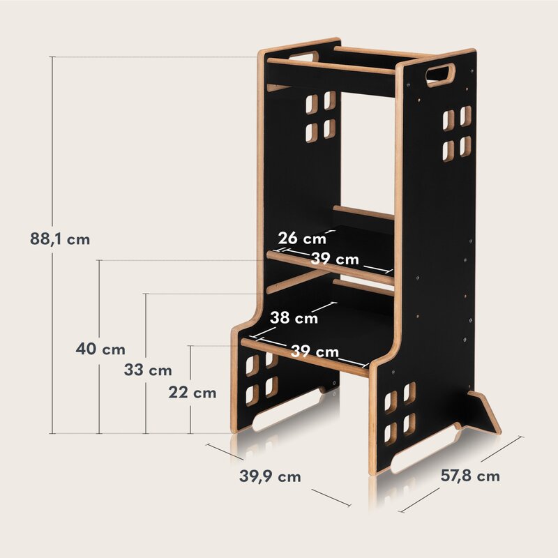 Turn de invatare Montessori, Lionelo, Cass, Functie de raft pentru carti, Pana la 30 kg, 12 luni - 6 ani, Din MDF si furnir, 3 trepte de inaltime, Negru - gogobaby.ro