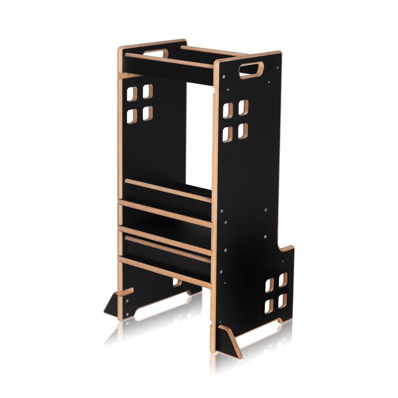 Turn de invatare Montessori, Lionelo, Cass, Functie de raft pentru carti, Pana la 30 kg, 12 luni - 6 ani, Din MDF si furnir, 3 trepte de inaltime, Negru - gogobaby.ro