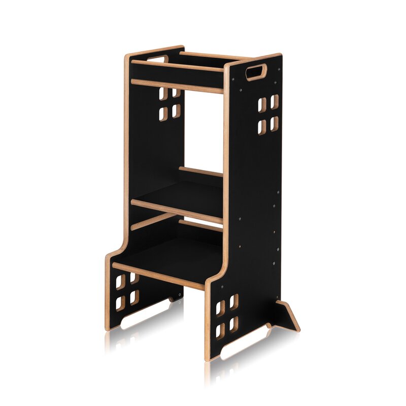 Turn de invatare Montessori, Lionelo, Cass, Functie de raft pentru carti, Pana la 30 kg, 12 luni - 6 ani, Din MDF si furnir, 3 trepte de inaltime, Negru - gogobaby.ro