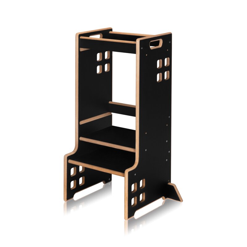 Turn de invatare Montessori, Lionelo, Cass, Functie de raft pentru carti, Pana la 30 kg, 12 luni - 6 ani, Din MDF si furnir, 3 trepte de inaltime, Negru - gogobaby.ro