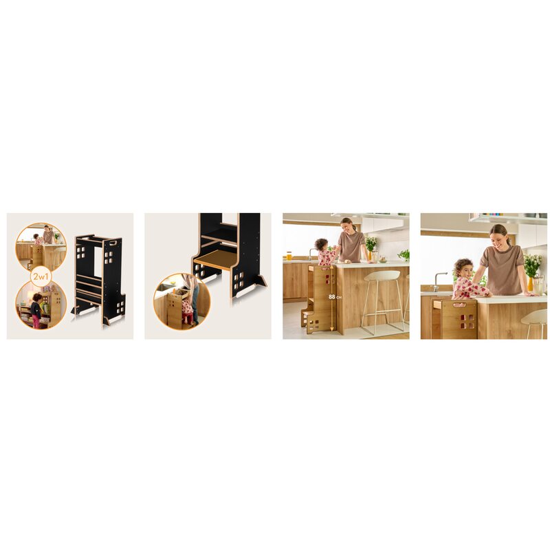 Turn de invatare Montessori, Lionelo, Cass, Functie de raft pentru carti, Pana la 30 kg, 12 luni - 6 ani, Din MDF si furnir, 3 trepte de inaltime, Negru - gogobaby.ro