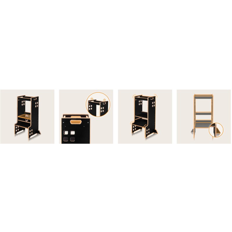 Turn de invatare Montessori, Lionelo, Cass, Functie de raft pentru carti, Pana la 30 kg, 12 luni - 6 ani, Din MDF si furnir, 3 trepte de inaltime, Negru - gogobaby.ro