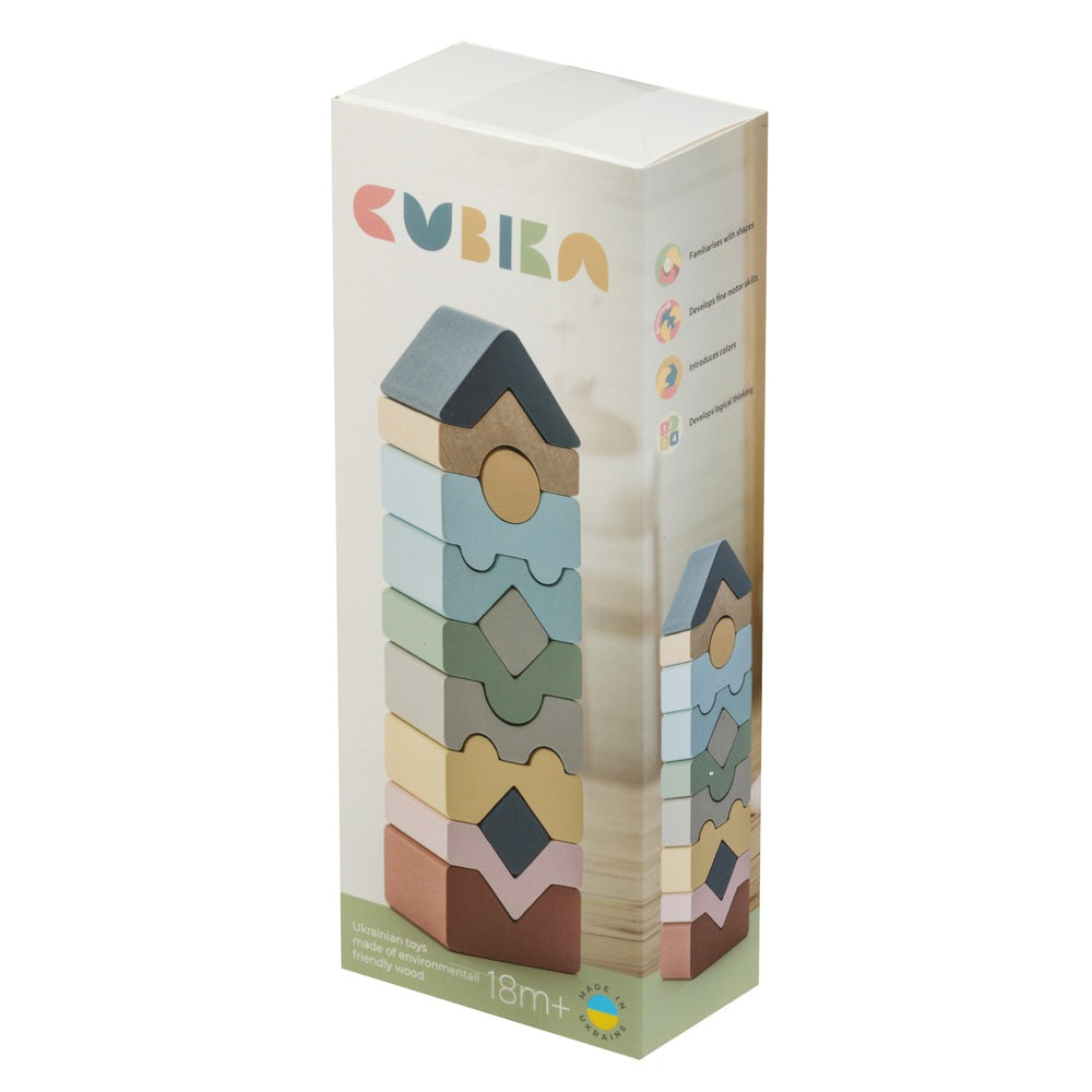 Jucarie din lemn, Cubika, Set constructii Turn 12 piese - Pastel