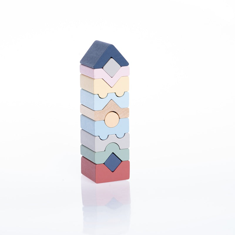 Jucarie din lemn, Cubika, Set constructii Turn 12 piese - Pastel - gogobaby.ro