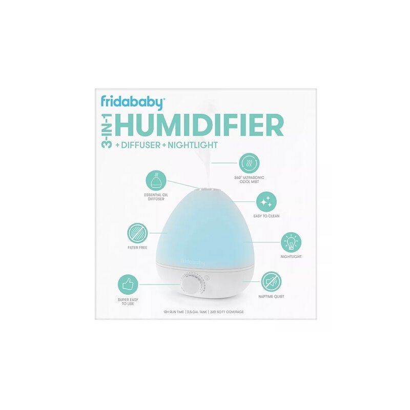 Umidificator, Fridababy, BreatheFrida, Cu ultrasunete 3 in 1, Ultra silentios, Include difuzor de uleiuri esentiale si lumina de veghe, Cu oprire automata, Rezervor BPA Free, Alb - gogobaby.ro