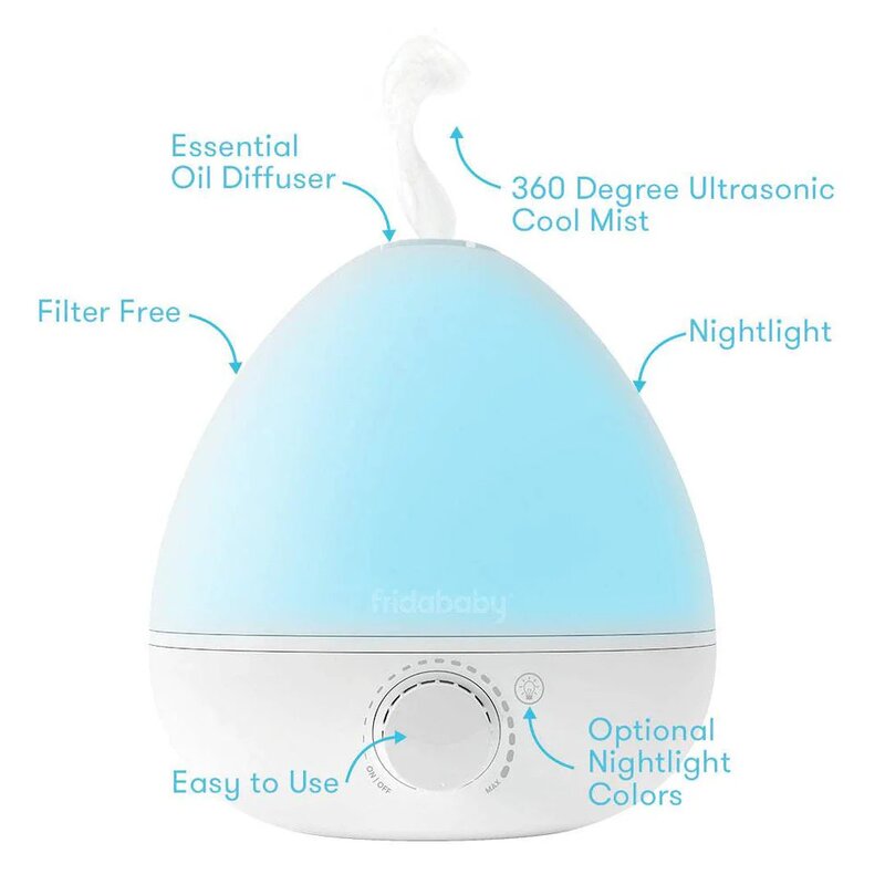Umidificator, Fridababy, BreatheFrida, Cu ultrasunete 3 in 1, Ultra silentios, Include difuzor de uleiuri esentiale si lumina de veghe, Cu oprire automata, Rezervor BPA Free, Alb - gogobaby.ro