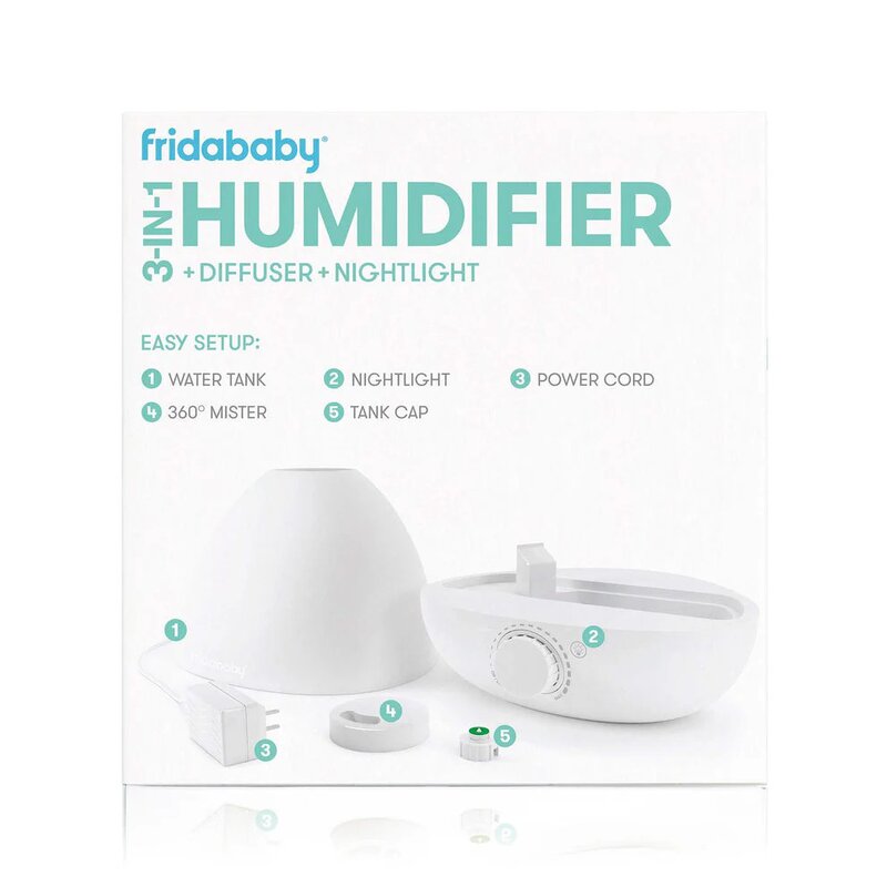 Umidificator, Fridababy, BreatheFrida, Cu ultrasunete 3 in 1, Ultra silentios, Include difuzor de uleiuri esentiale si lumina de veghe, Cu oprire automata, Rezervor BPA Free, Alb - gogobaby.ro