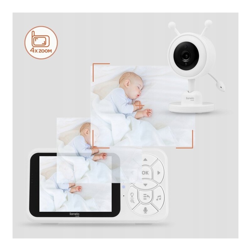Video monitor, Lionelo, Babyline 3.4, Ecran LCD de 3.5 inch, Raza de actiune pana la 300 m, Conectare 4 camere, Autonomie 8 h, Lampa RGB incorporata, Cantece de leagan, Zoom 4X, Mod nocturn, Alb