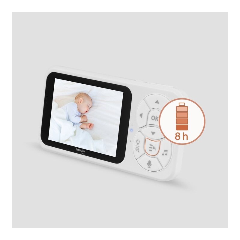 Video monitor, Lionelo, Babyline 3.4, Ecran LCD de 3.5 inch, Raza de actiune pana la 300 m, Conectare 4 camere, Autonomie 8 h, Lampa RGB incorporata, Cantece de leagan, Zoom 4X, Mod nocturn, Alb