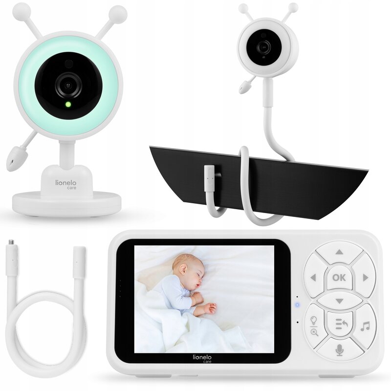 Video monitor, Lionelo, Babyline 3.4, Ecran LCD de 3.5 inch, Raza de actiune pana la 300 m, Conectare 4 camere, Autonomie 8 h, Lampa RGB incorporata, Cantece de leagan, Zoom 4X, Mod nocturn, Alb