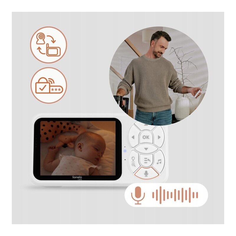 Video monitor, Lionelo, Babyline 3.4, Ecran LCD de 3.5 inch, Raza de actiune pana la 300 m, Conectare 4 camere, Autonomie 8 h, Lampa RGB incorporata, Cantece de leagan, Zoom 4X, Mod nocturn, Alb