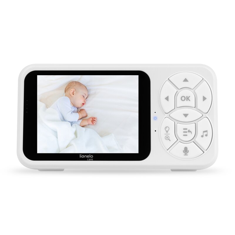 Video monitor, Lionelo, Babyline 3.4, Ecran LCD de 3.5 inch, Raza de actiune pana la 300 m, Conectare 4 camere, Autonomie 8 h, Lampa RGB incorporata, Cantece de leagan, Zoom 4X, Mod nocturn, Alb