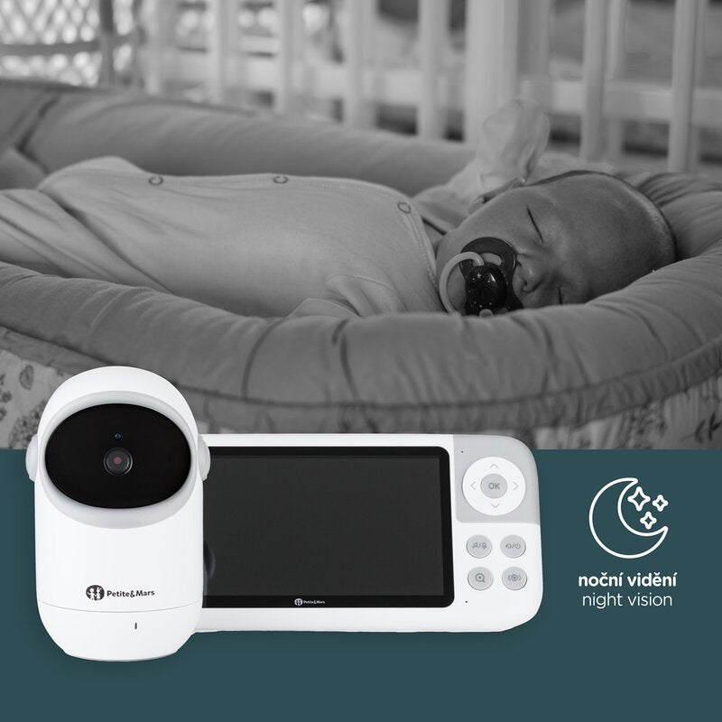 Video monitor, Petite&Mars, Eve 5.0, Ecran HD, Autonomie baterie pana la 16 ore, Raza de actiune 300m, Suport pentru pana la 4 camere, Comunicare bidirectionala, 8 melodii, Activare VOX la voce, Alb