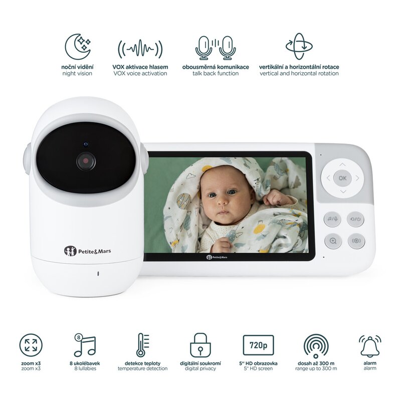 Video monitor, Petite&Mars, Eve 5.0, Ecran HD, Autonomie baterie pana la 16 ore, Raza de actiune 300m, Suport pentru pana la 4 camere, Comunicare bidirectionala, 8 melodii, Activare VOX la voce, Alb