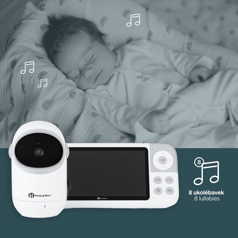 Video monitor, Petite&Mars, Eve 5.0, Ecran HD, Autonomie baterie pana la 16 ore, Raza de actiune 300m, Suport pentru pana la 4 camere, Comunicare bidirectionala, 8 melodii, Activare VOX la voce, Alb