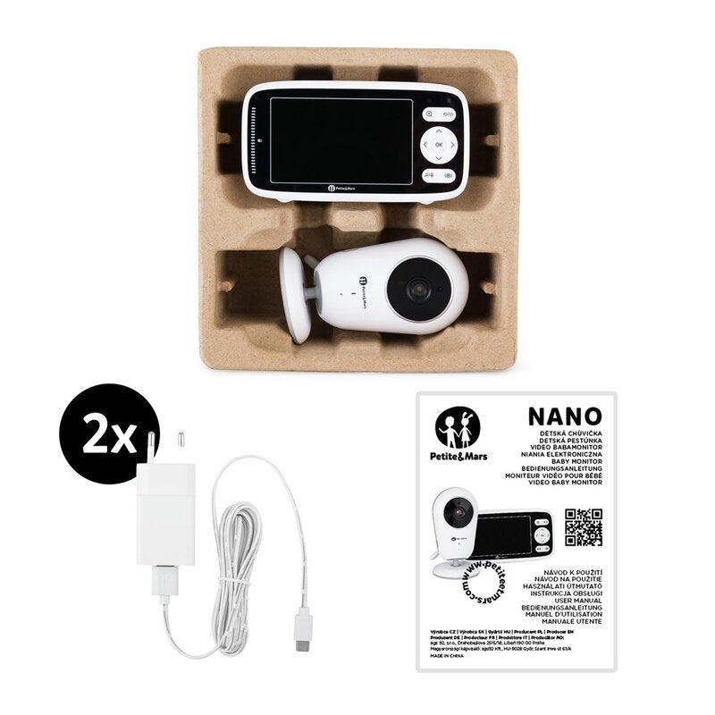 Video monitor, Petite&Mars, Nano 4.0, Ecran HD, Zoom digital 3×, Raza de actiune 300m, Suport pentru pana la 4 camere, Comunicare bidirectionala, 8 melodii, Alb